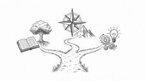 Pen drawing of a fork in the road with 3 paths leading to different destinations