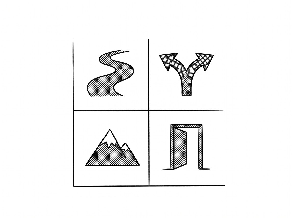 Best Way to Convert Bank Statements: A Decision Guide Pen drawing of a 2x2 grid representing a decision matrix with symbols in each quadrant