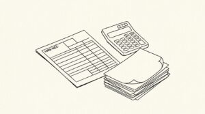 Pen-style line drawing of a 1099-NEC tax form with payee rows visible and bank statement PDFs