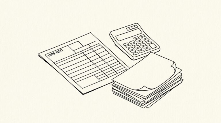 Pen-style line drawing of a 1099-NEC tax form with payee rows visible and bank statement PDFs