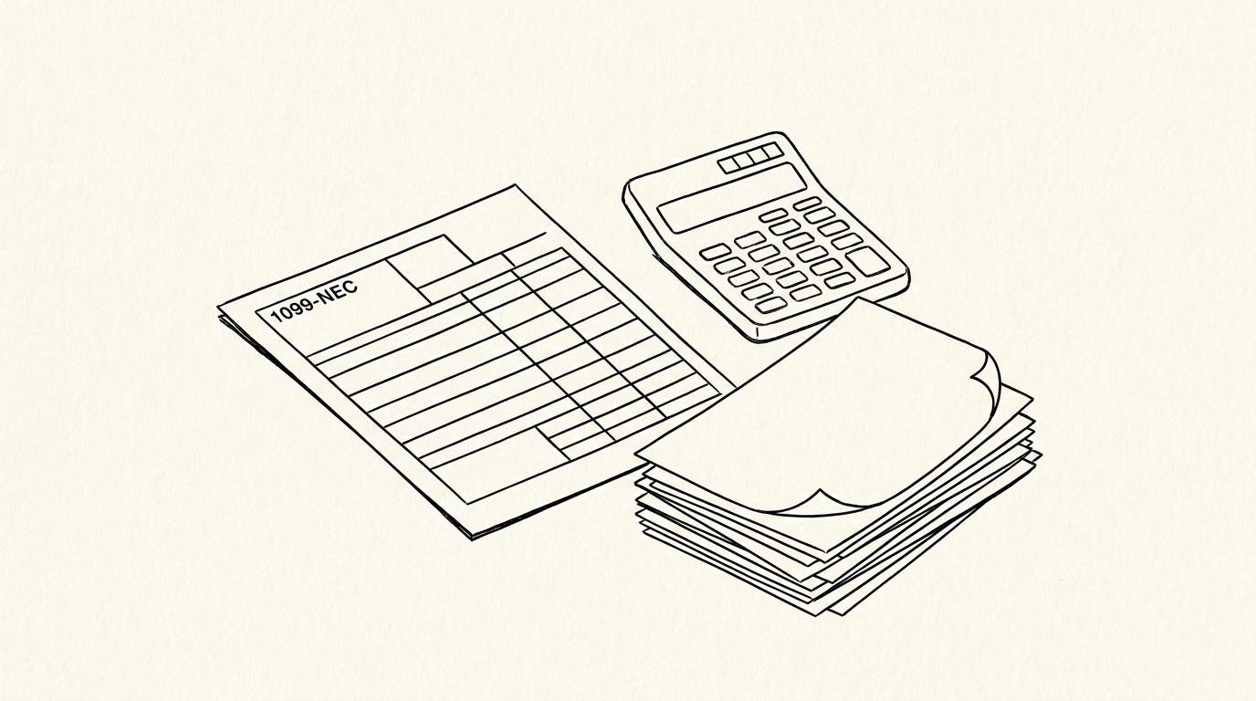 Pen-style line drawing of a 1099-NEC tax form with payee rows visible and bank statement PDFs