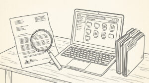 Pen-style line drawing of an IRS audit notice with cloud archive folder showing year labels