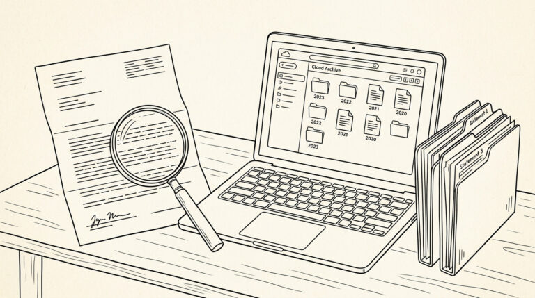 Pen-style line drawing of an IRS audit notice with cloud archive folder showing year labels