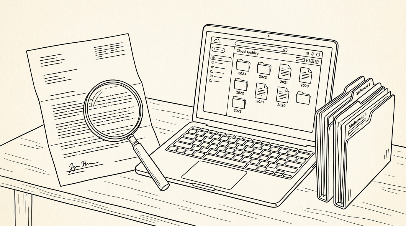 Pen-style line drawing of an IRS audit notice with cloud archive folder showing year labels