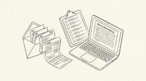 Pen-style line drawing of an envelope with bank statement PDFs spilling out and a clipboard with checklist