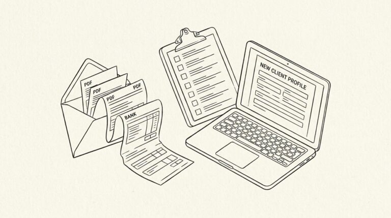 Pen-style line drawing of an envelope with bank statement PDFs spilling out and a clipboard with checklist