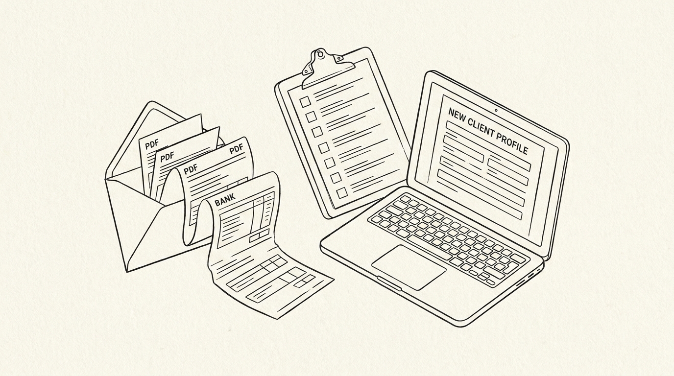 Pen-style line drawing of an envelope with bank statement PDFs spilling out and a clipboard with checklist
