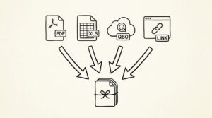 Pen-style line drawing of 4 different file format icons (PDF, Excel, QBO, dashboard) pointing to a client deliverable