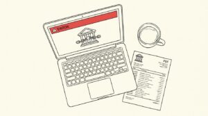 Pen-style line drawing of a laptop with bank feed error banner beside a printed PDF bank statement
