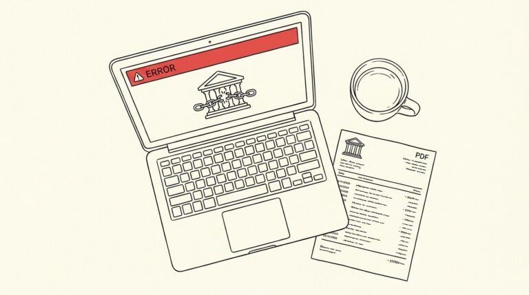Pen-style line drawing of a laptop with bank feed error banner beside a printed PDF bank statement