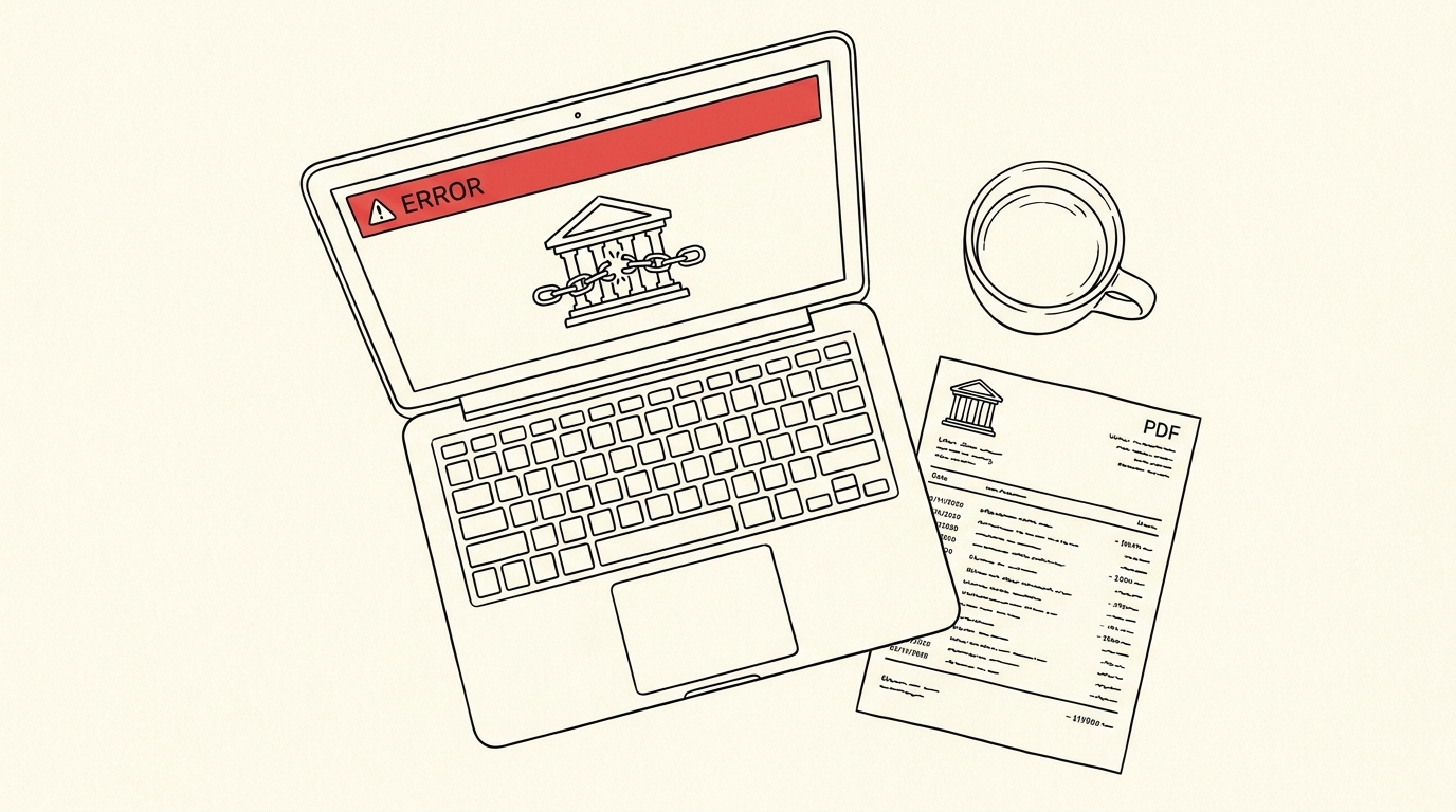 Pen-style line drawing of a laptop with bank feed error banner beside a printed PDF bank statement
