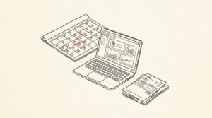 Pen-style line drawing of a calendar with month-end close dates highlighted and a laptop showing accounting dashboard