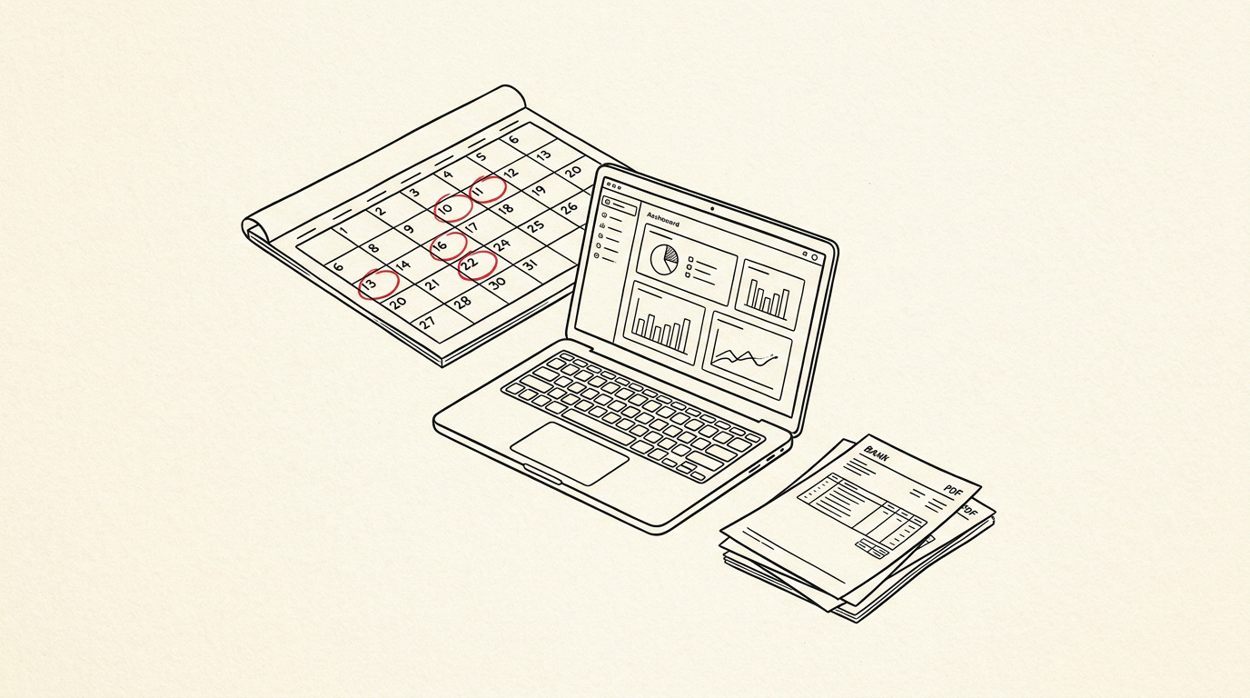 Pen-style line drawing of a calendar with month-end close dates highlighted and a laptop showing accounting dashboard