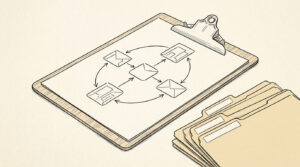Pen-style line drawing of a clipboard with 4 business entities flow diagram and labeled bank statement folders