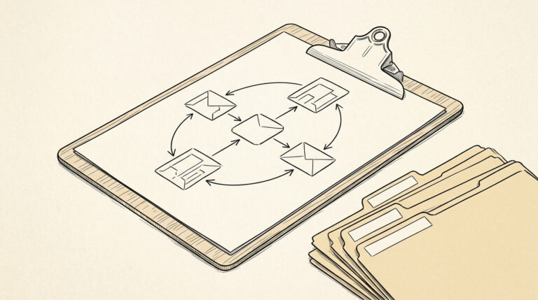 Pen-style line drawing of a clipboard with 4 business entities flow diagram and labeled bank statement folders