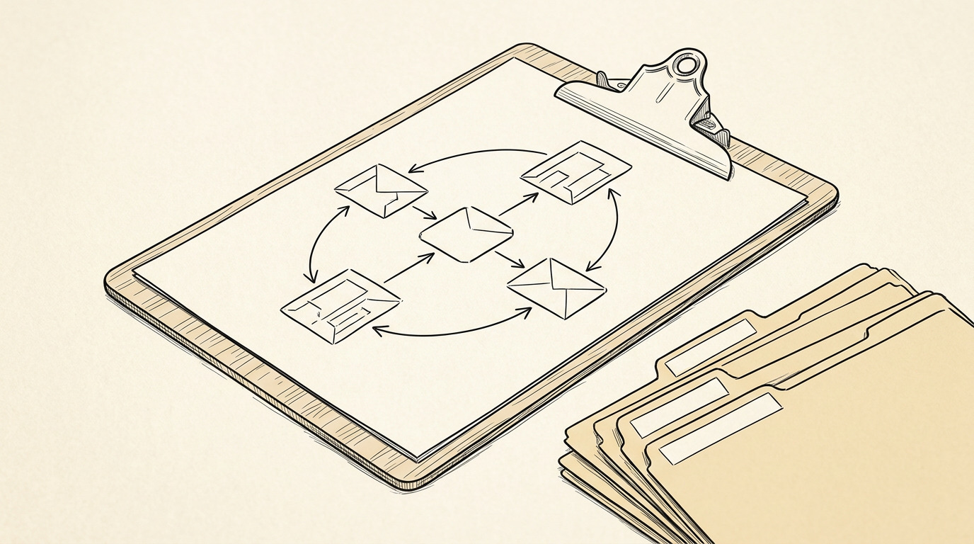 Pen-style line drawing of a clipboard with 4 business entities flow diagram and labeled bank statement folders