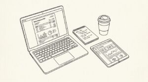Pen-style line drawing of a workspace with laptop, notebook, and accounting tablet on white background