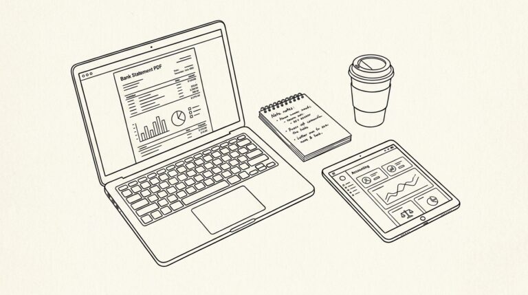 Pen-style line drawing of a workspace with laptop, notebook, and accounting tablet on white background