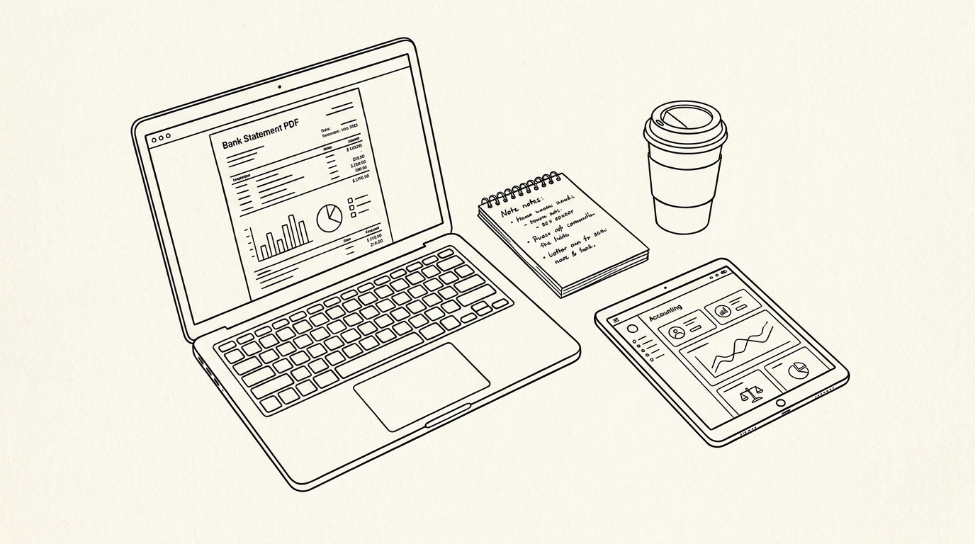 Bank Statement Workflow for Bookkeepers: The Complete Guide Pen-style line drawing of a workspace with laptop, notebook, and accounting tablet on white background