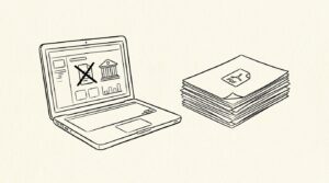 Pen-style line drawing of a laptop with QuickBooks dashboard showing disconnected bank feed beside stack of PDFs