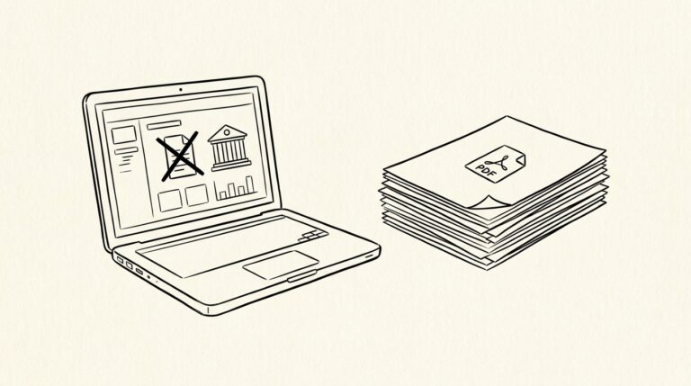 Pen-style line drawing of a laptop with QuickBooks dashboard showing disconnected bank feed beside stack of PDFs