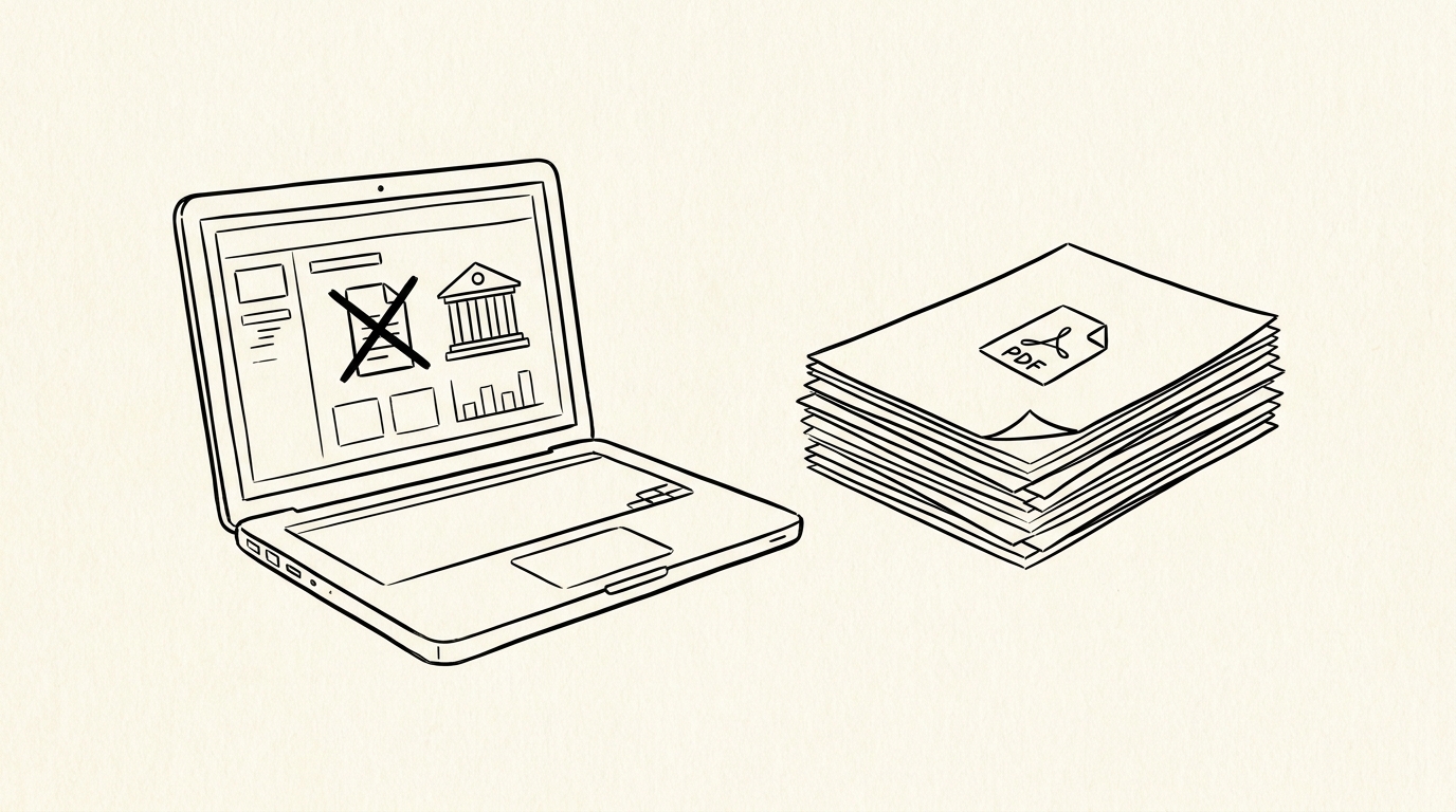 Pen-style line drawing of a laptop with QuickBooks dashboard showing disconnected bank feed beside stack of PDFs