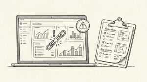 Pen-style line drawing of a laptop with Xero dashboard showing bank sync warning beside a clipboard