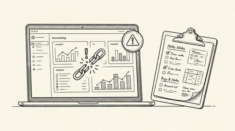 Pen-style line drawing of a laptop with Xero dashboard showing bank sync warning beside a clipboard