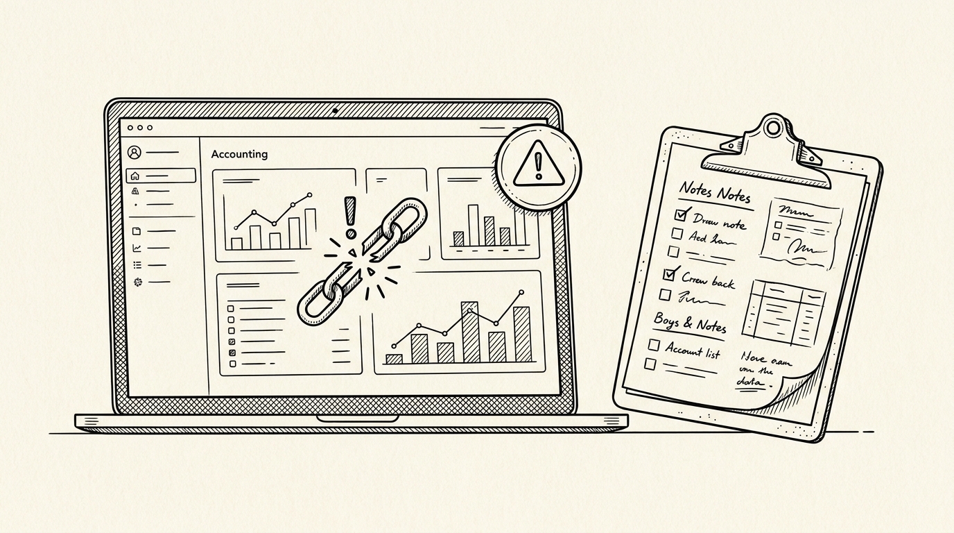 Xero Bank Feed Troubleshooting: Yodlee Outages and the 30-Day Import Window Pen-style line drawing of a laptop with Xero dashboard showing bank sync warning beside a clipboard
