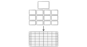 Pen drawing of a single bank statement PDF at top with 12 smaller monthly statement PDFs underneath, all feeding into a single arrow that leads to a clean Excel spreadsheet