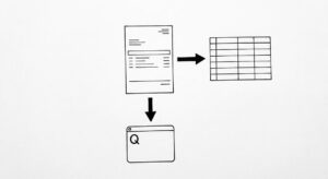 Pen drawing of a single Capital One statement with two arrows leaving: one to a clean spreadsheet grid, another to a small QuickBooks window