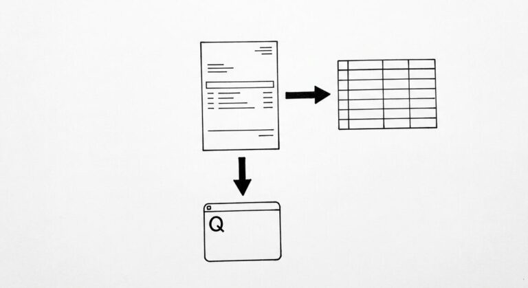How to Export a Capital One Statement to Excel Pen drawing of a single Capital One statement with two arrows leaving: one to a clean spreadsheet grid, another to a small QuickBooks window