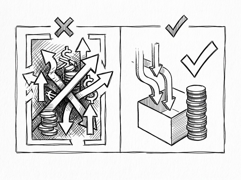 Pen drawing of two side-by-side panels showing the wrong vs right sign convention for credit card statement amounts