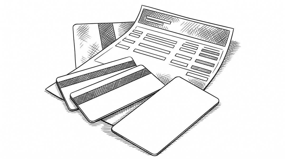 Pen drawing of three credit cards fanned out with a paper statement behind them showing rows of transactions