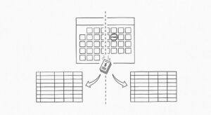 Pen drawing of a calendar with one month highlighted, a vertical dashed line splitting the month, a bank statement icon falling through the split, arrows leading to two clean spreadsheet grids