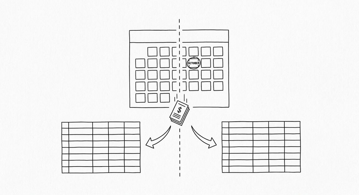 Pen drawing of a calendar with one month highlighted, a vertical dashed line splitting the month, a bank statement icon falling through the split, arrows leading to two clean spreadsheet grids
