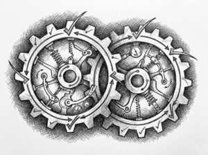 Pen drawing of two interlocking gears, representing the validation process running through multiple automated checks.