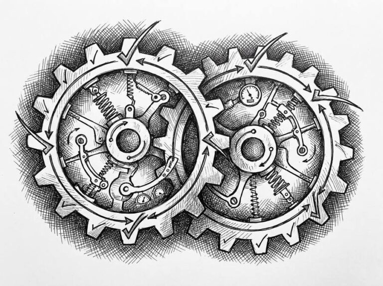 Pen drawing of two interlocking gears, representing the validation process running through multiple automated checks.