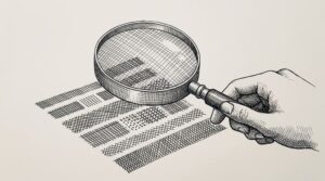 Pen drawing of a magnifying glass hovering over rows of data, representing validation and scrutiny of converted bank statement data.