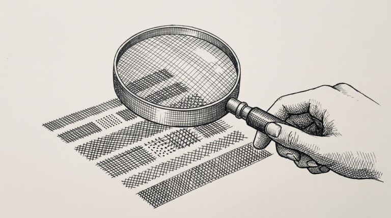 Pen drawing of a magnifying glass hovering over rows of data, representing validation and scrutiny of converted bank statement data.
