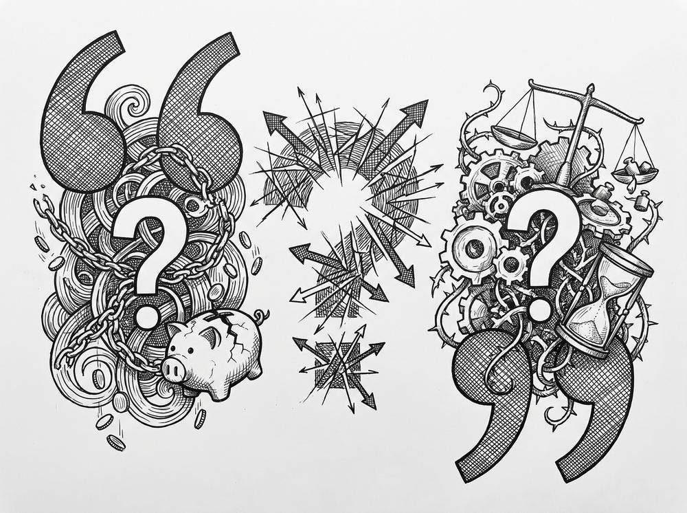 Pen drawing of two large open quotation marks, representing the cost question of wrong transactions.