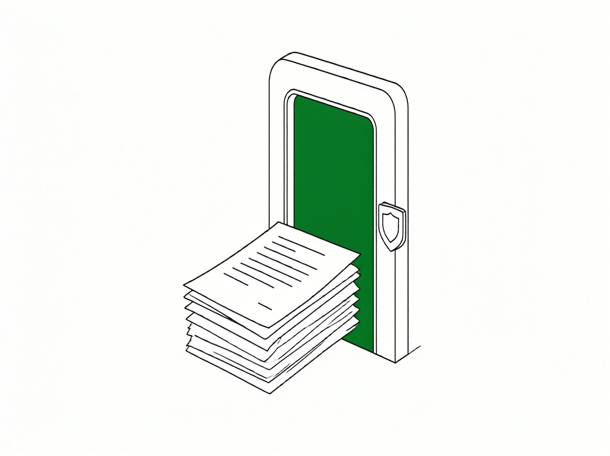 Flat line illustration of documents flowing into a secure portal window with a green accent fill