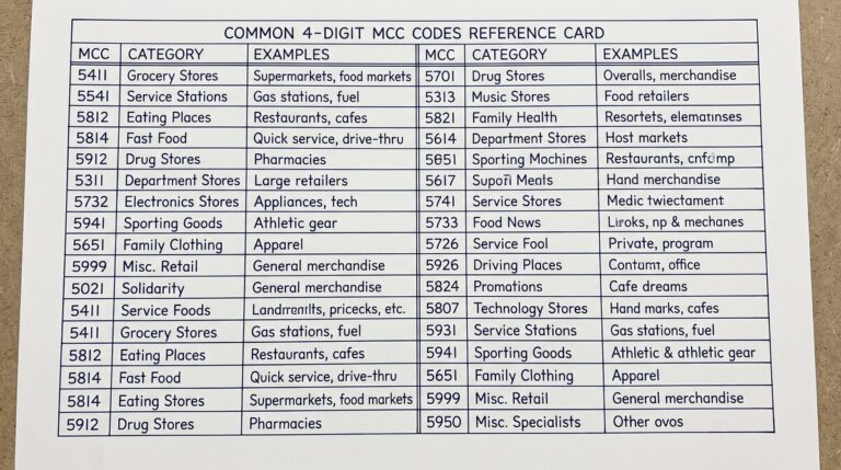 Pen drawing of common merchant category codes on a credit card statement