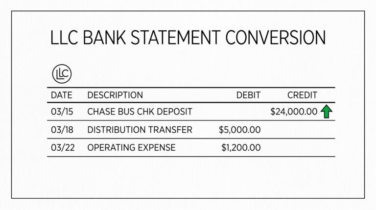 LLC business checking statement showing member distribution, operating expense, and guaranteed payment