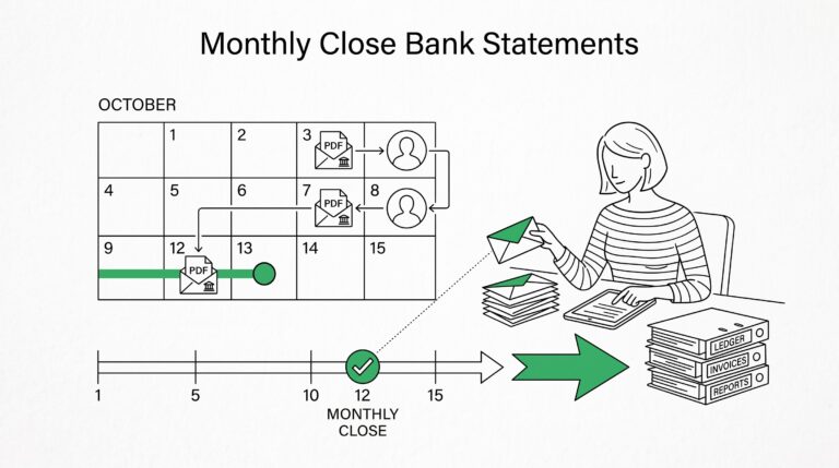 Calendar showing bank statement arrivals during monthly close window with close deadline