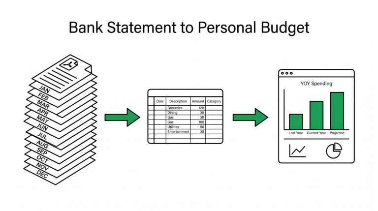 Twelve monthly bank statements converting to budget app dashboard with year-over-year trends