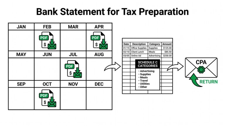 Twelve months of bank statements converting to Schedule C spreadsheet for tax preparation