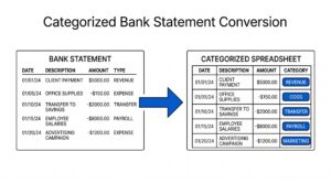Business bank statement converting to categorized spreadsheet with chart of accounts tags