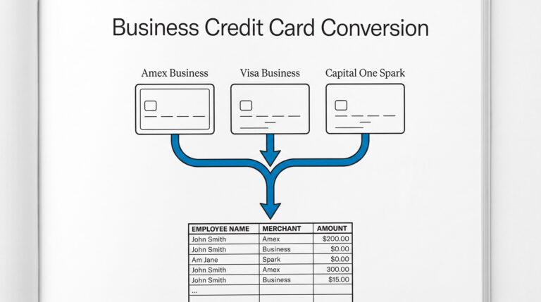 Three business credit cards flowing into one consolidated Excel with employee names
