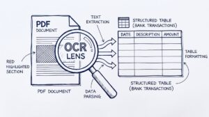 Pen drawing illustrating convert-pdf-bank-statement-to-google-sheets concept